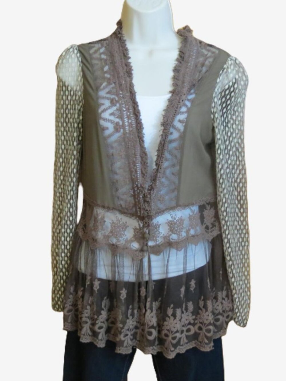 A'reve Brown Top Sheer Romantic Fairycore Boho Long Sleeve Size Medium
